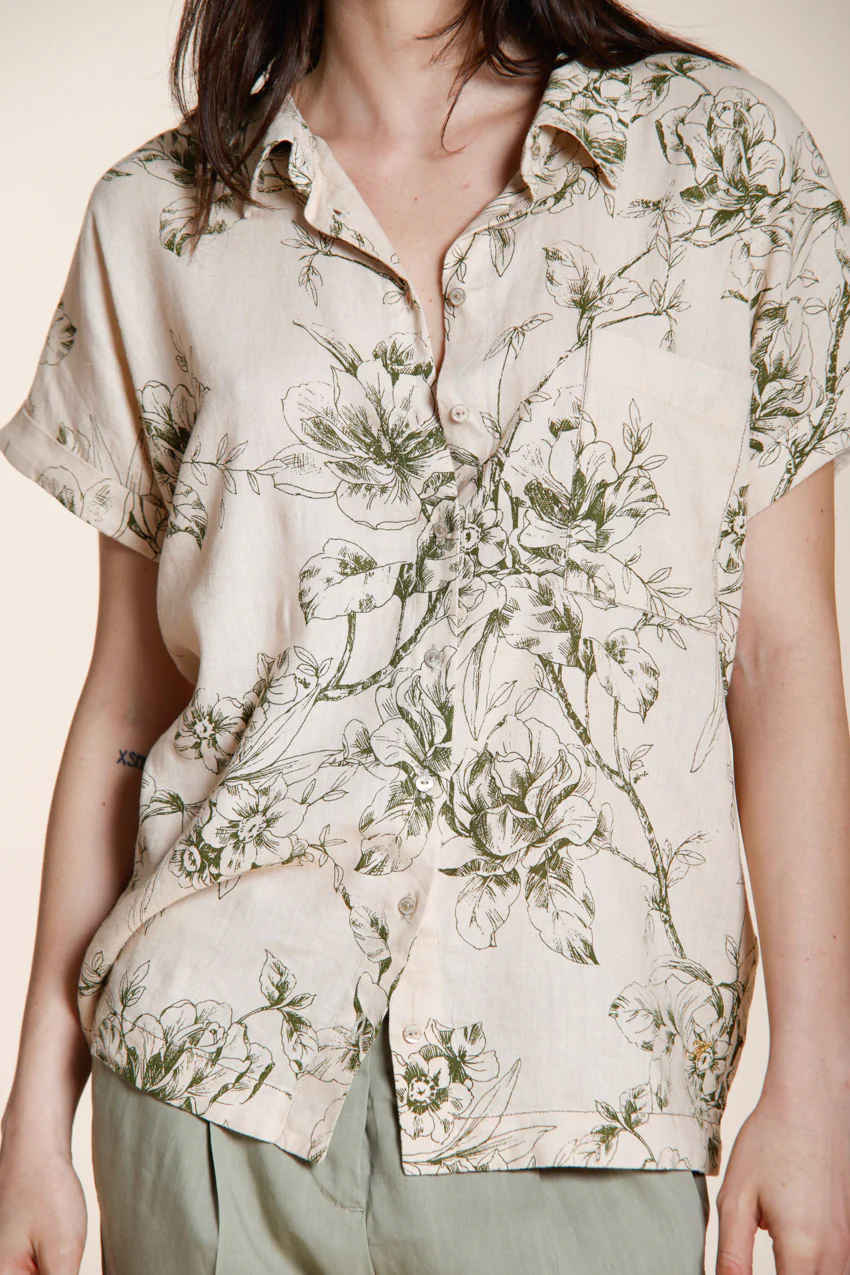 Livia camicia donna a manica corta in tela misto lino e viscosa fantasia a fiori - Image 3
