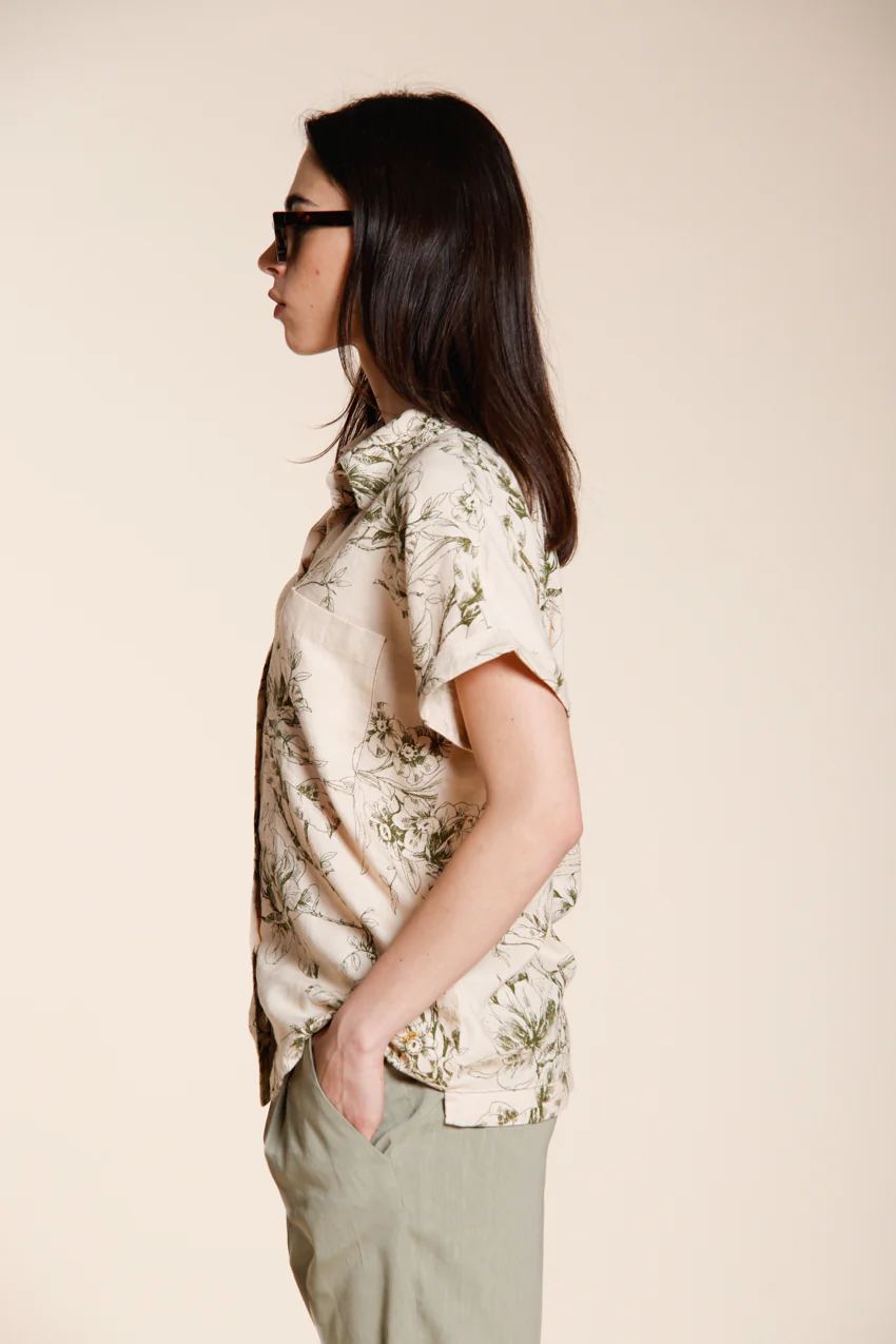 Livia camicia donna a manica corta in tela misto lino e viscosa fantasia a fiori - Image 4